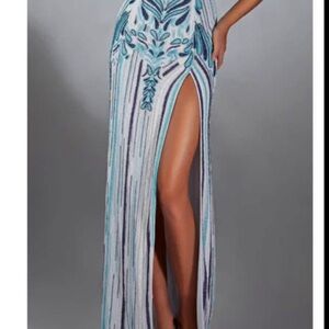 Alyce Paris Blue Maxi Slip Dress with Slit for Prom